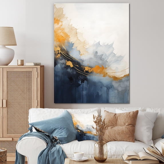 Designart "Marble Storm in Blue and Yellow Abstract V" Abstract Canvas Wall Art - Modern Blue Abstract Painting Entryway Wall Art