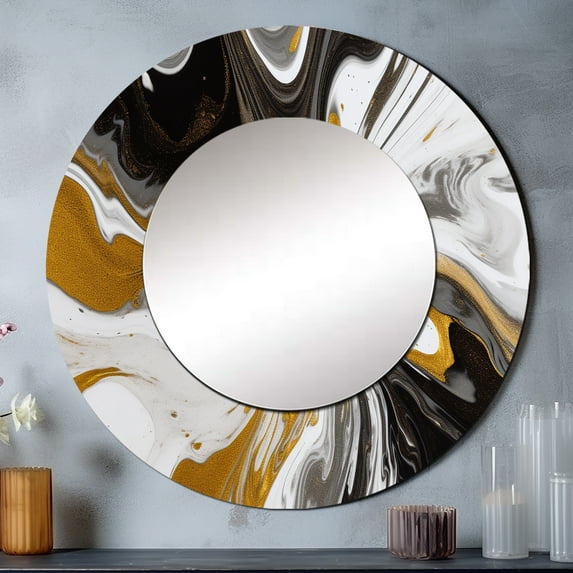 Designart "Marble Symphony Gold Black Vision" Abstract Gold Large Round Mirror - Round Bedroom Mirror Wall Decor - Modern Round Printed Mirror - 29" x 29"