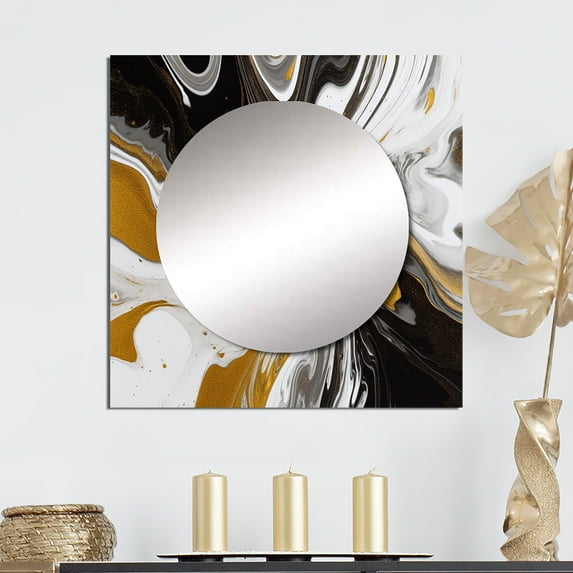 Designart "Marble Symphony Gold Black Vision" Abstract Square Mirror Wall Decor Transitional - Large Gold Square Bathroom Mirror - Square Printed Wall Mirror Art