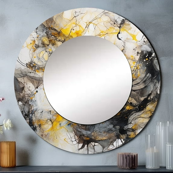 Designart "Marble Symphony in Yellow and Grey II" Abstract Rund Mirror For Wall Decor - Large Yellow Round Print Mirror - Round Glam Mirror 29" x 29" Inch - Wall Mounted Round Large Mirror