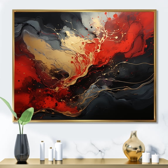 Designart "Marble Volcano Fiery Red and Gold II" Abstract Framed Wall Art - Modern Red Abstract Painting Living Room Framed Canvas Art