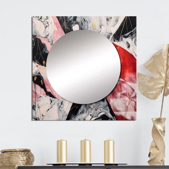 Designart "Marble Whispers Red and Black II" Abstract Marble Red Large Square Mirror - Square Bedroom Mirror Printed Wall Decor - Modern Square Printed Wall Mirror Art