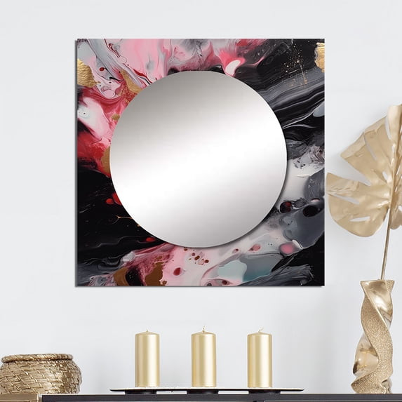 Designart "Marble Whispers Red and Black IV" Abstract Marble Square Mirror For Wall Decor - Large Red Square Mirror Printed Wall Decor - Modern Square Living Room Mirror
