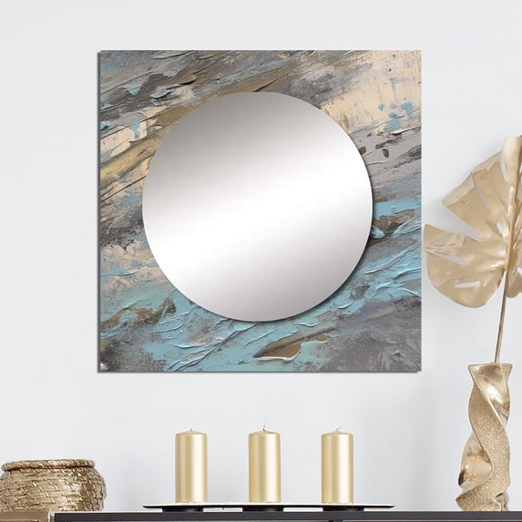 Designart "Marbled Artistry Beige and Blue I" Modern Geometric Square Mirror For Wall Decor - Large Beige Square Printed Wall Mirror Art - Square Modern Mirror - Wall Mounted Square Large Mirror