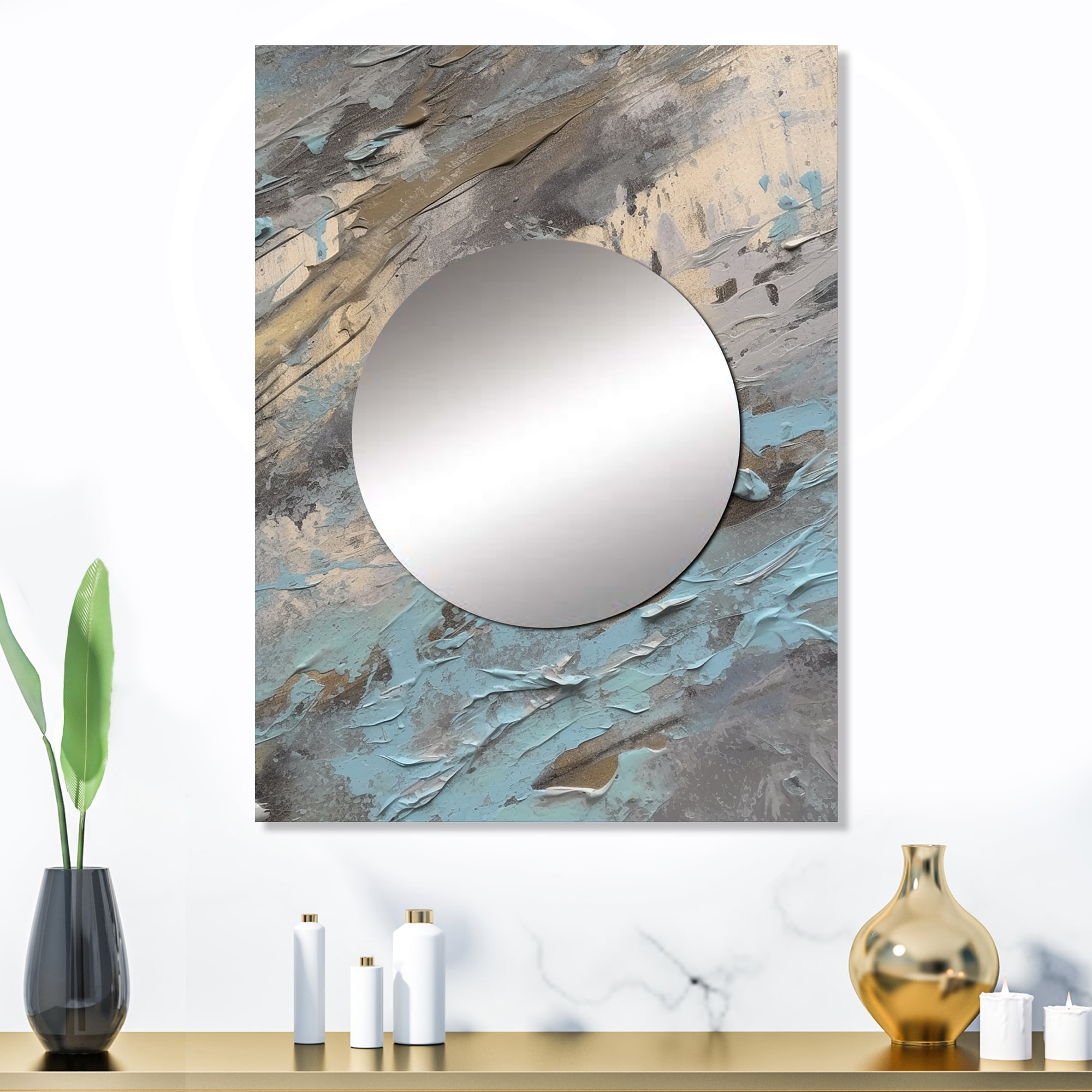 Beige and Blue Abstract Rectangular Metal Wall Mirror