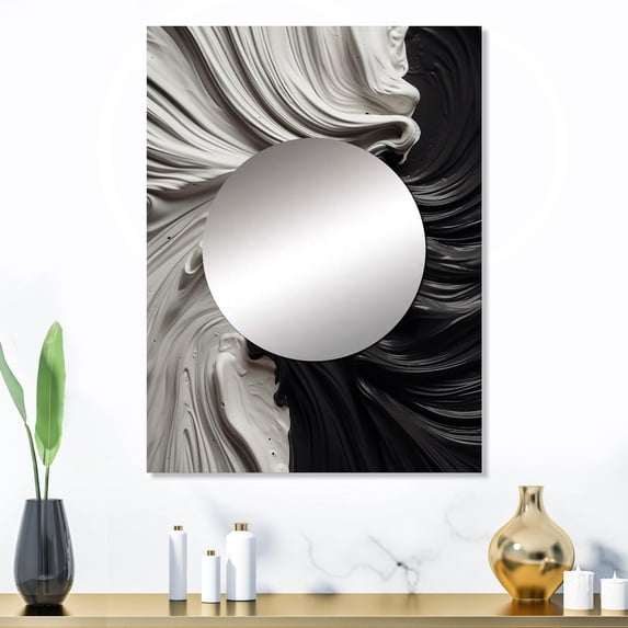 Designart "Marbled Dreamscape Black and White I" Modern Geometric Mirror Wall Decor - Modern Black Abstract Living Room Wall Mirror Art - 32" x 24" Inch