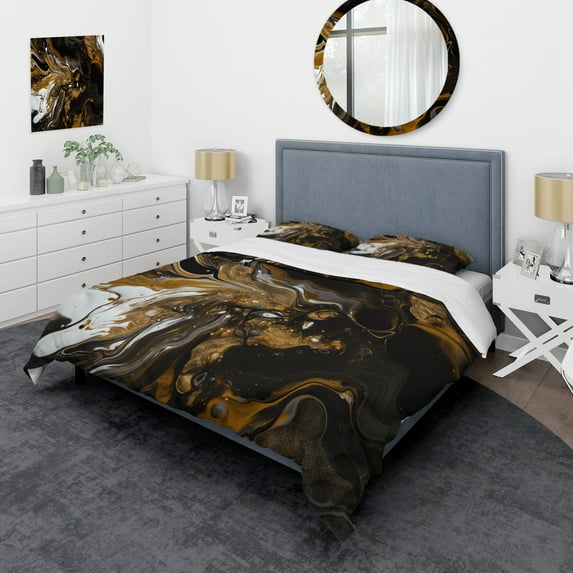 Designart "Marbled Dreamscape Gold and Black III" Modern Geometric Bedding Covert Set - Abstract Geometric Gold Abstract Bed Set With 2 Shams