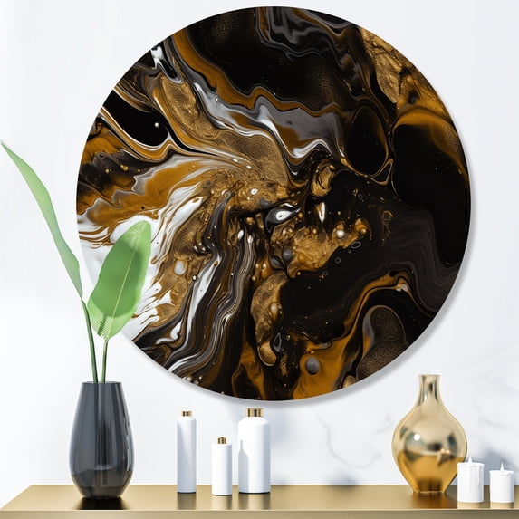 Designart "Marbled Dreamscape Gold and Black III" Modern Geometric Metal Round Wall Art