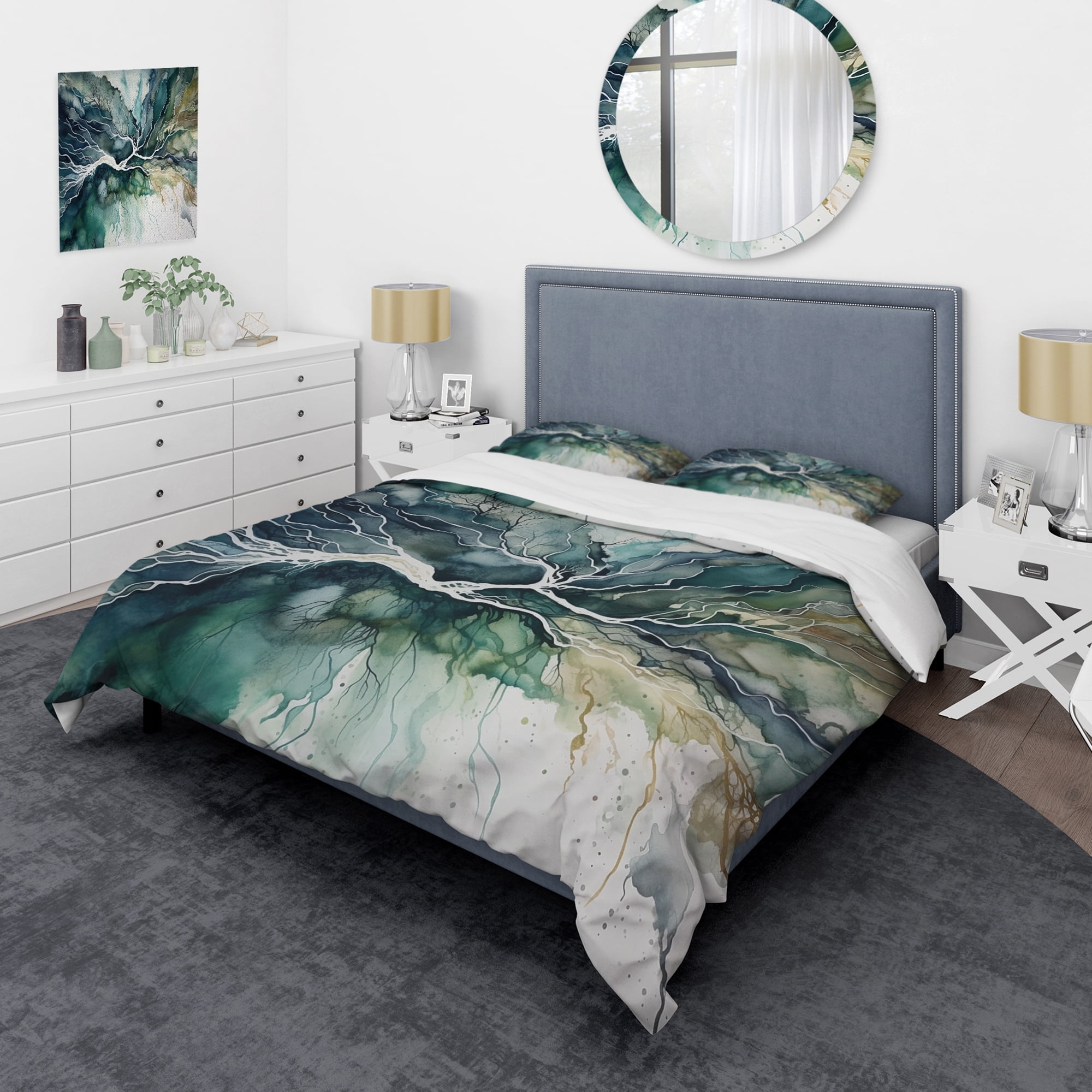 Designart "Marbled Dreamscape Green and Blue II" Modern Geometric