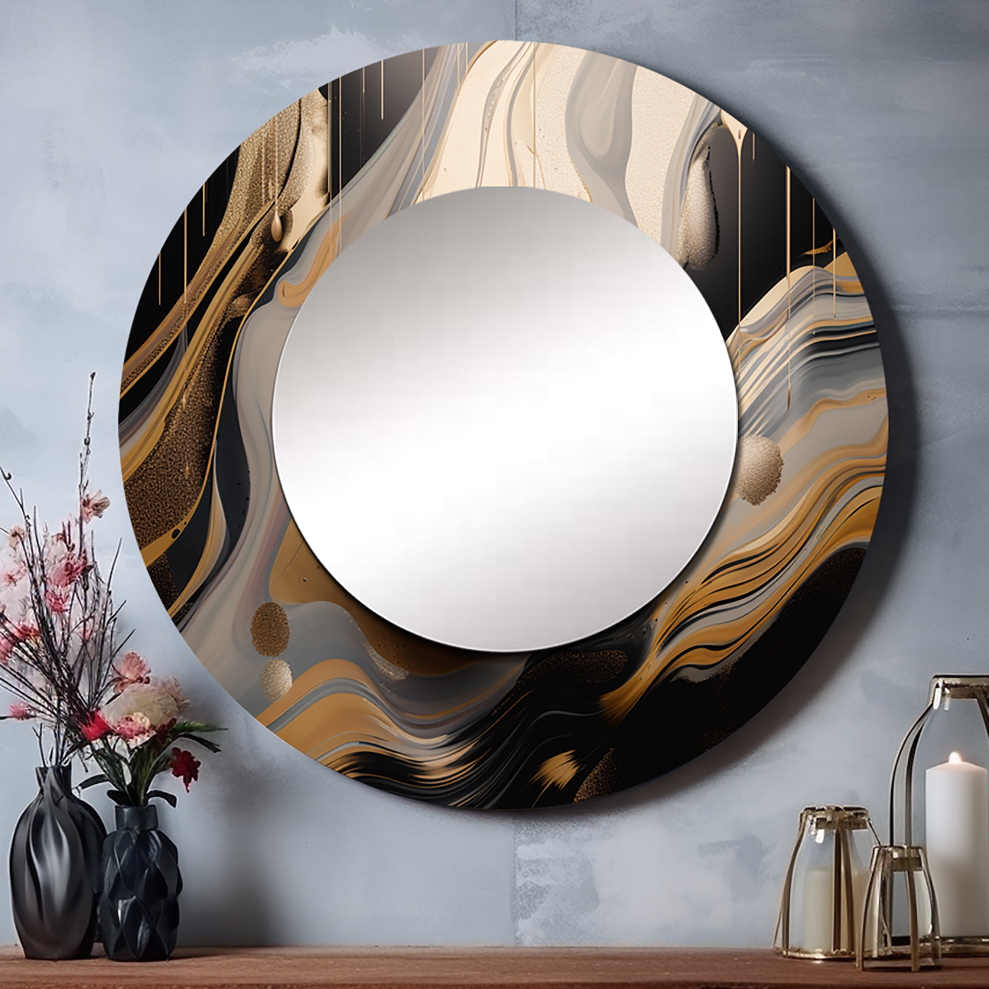 Designart "Marbled Euphoria Gold and Black I" Abstract Marble Round