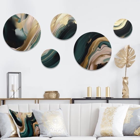 Designart "Marbled Euphoria Gold and Green III" Abstract Marble Metal Wall Art Set of 5 Piece