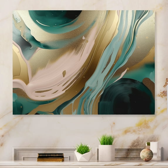 Designart "Marbled Euphoria Gold and Green V" Abstract Marble Metal Art Living Room