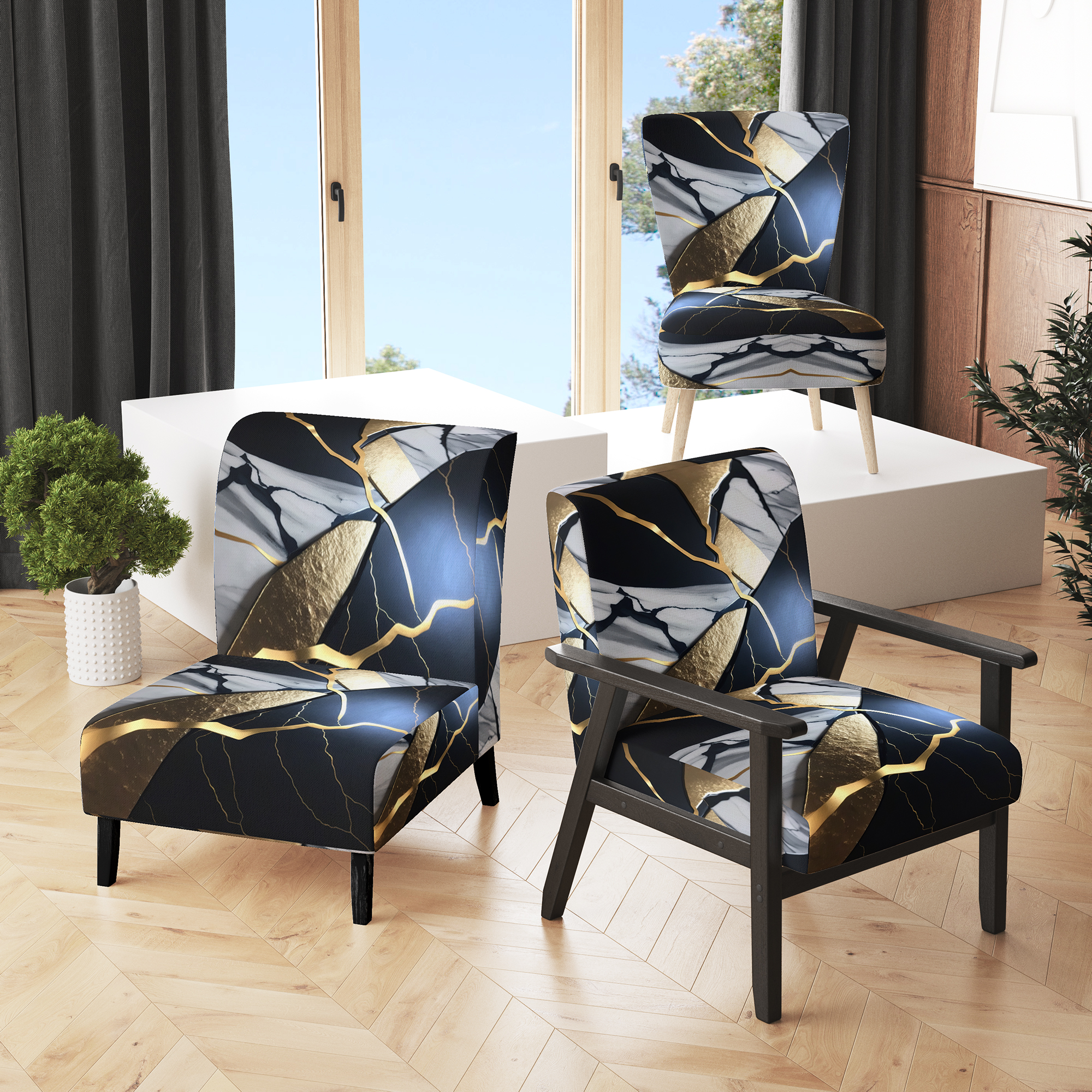Designart "Marbled Gold Geode Abstraction I" Black Marble Upholstered
