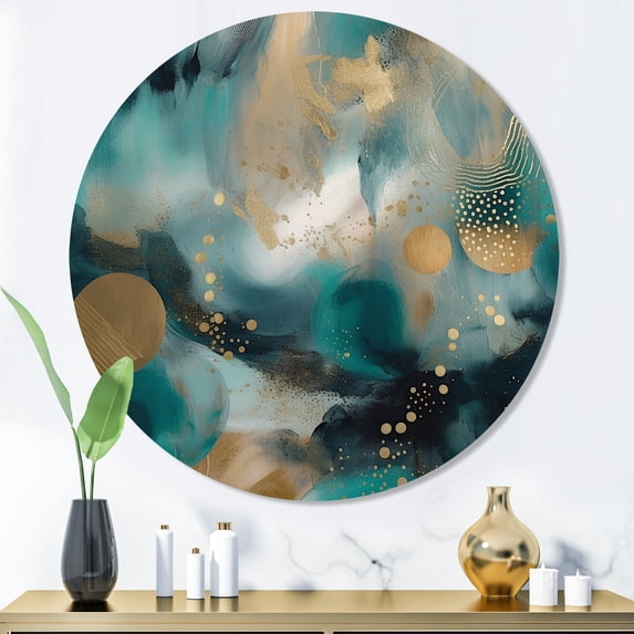 Designart "Marbled Meditations Green and Gold II" Abstract Marble Metal Round Art Living Room