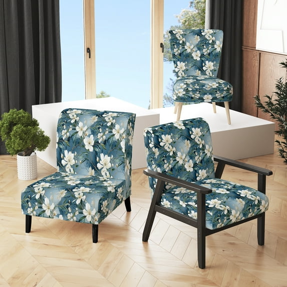 Designart "Marbled Pattern With Magnolias Vein In White And Blue Splendor I" White Marble Upholstered Accent Chair - Glam Arm Chair For Bedroom