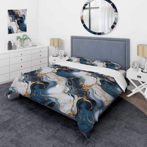Designart "Marbled Pattern with Gold Veins and Blue Elegance II" Marble Bedding Covert Set - Glam Bed Set With 2 Shams