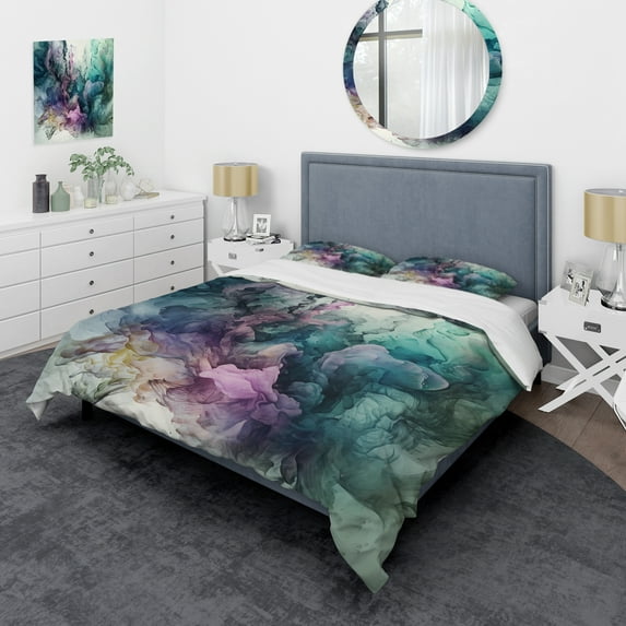 Designart "Marbled Symphony in Green and Purple" Abstract Marble Bedding Covert Set - Modern Green Abstract Bed Set With 2 Shams