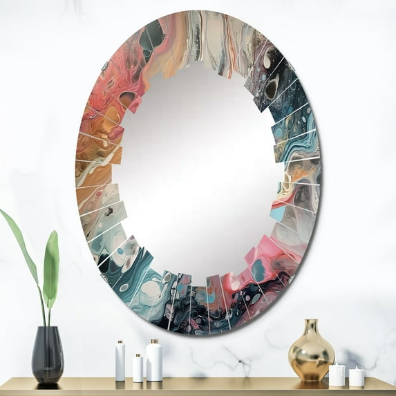 Designart "Marbled Whimsy in Teal and Pink II" Abstract Round Wall Mirror - Modern Oval Printed Decorative Oversized Mirror - Multiple Color Options