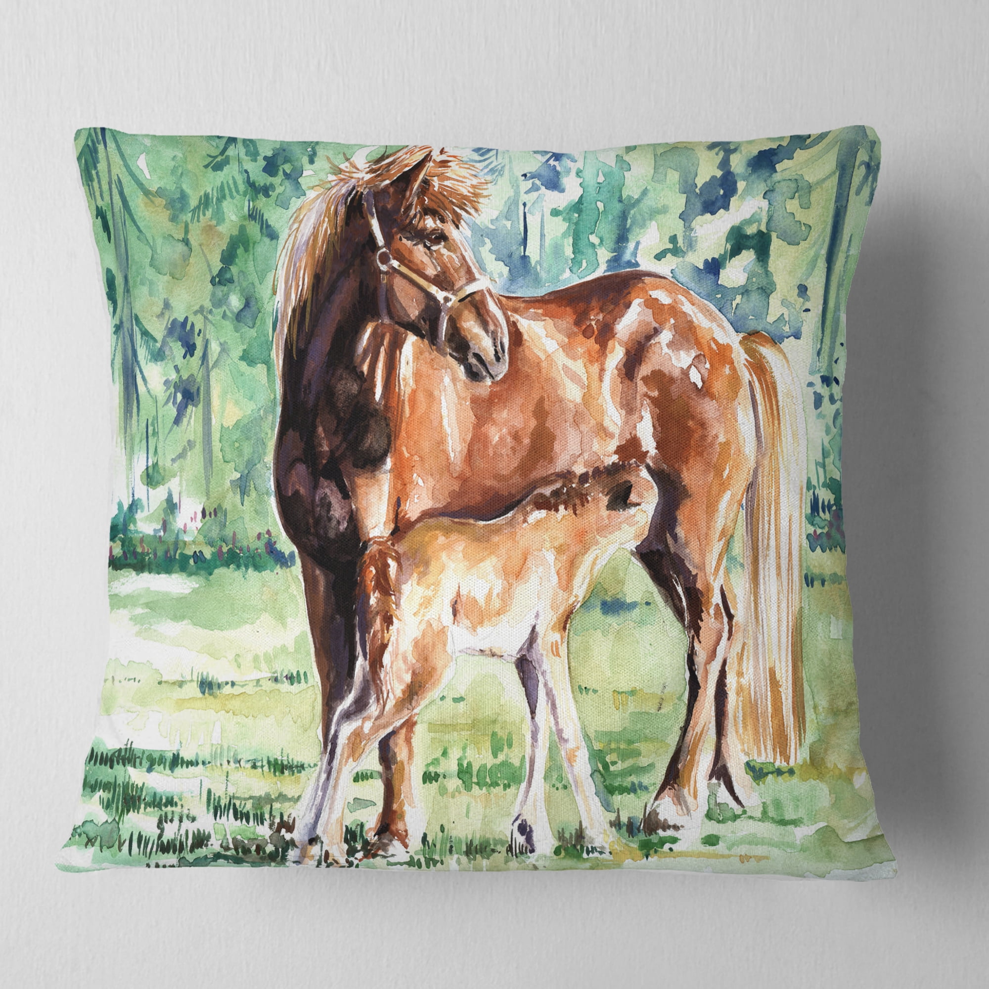 Designart Mare and Foal Watercolor - Abstract Throw Pillow - 18x18