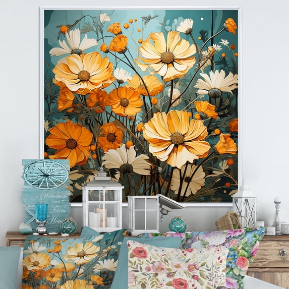 Designart "Marigold Blossom Burst A Yellow Delight II" Floral Framed Wall Art - Yellow Marigold Living Room Framed Canvas Art