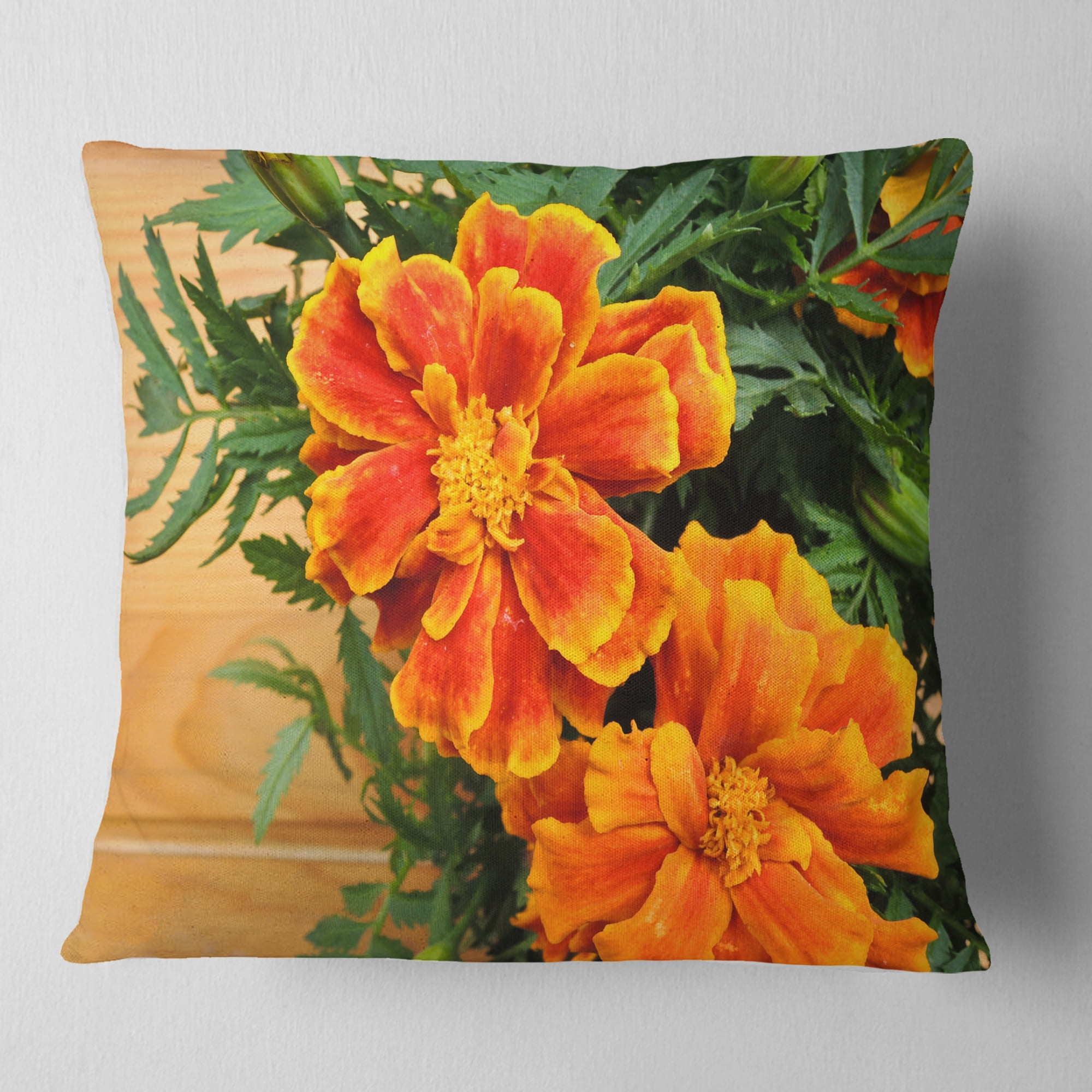 Designart Marigold Flower on Wooden Background - Floral Throw Pillow - 16x16