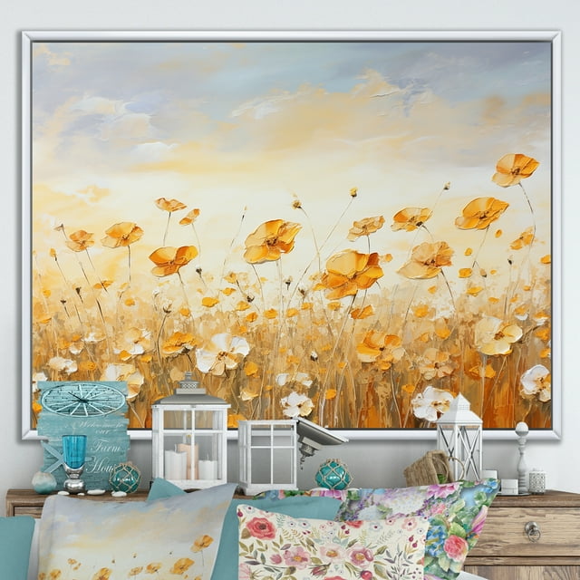 Designart "Marigold Serenity In Subdued Yellow I" Flowers Floater Framed Canvas Wall Art
