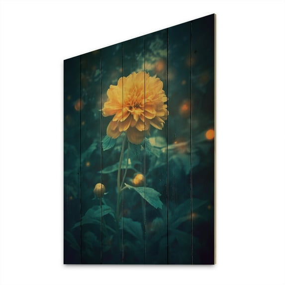 Designart "Marigold Splendor in Yellow and Teal I" Floral Print on Natural Pine Wood