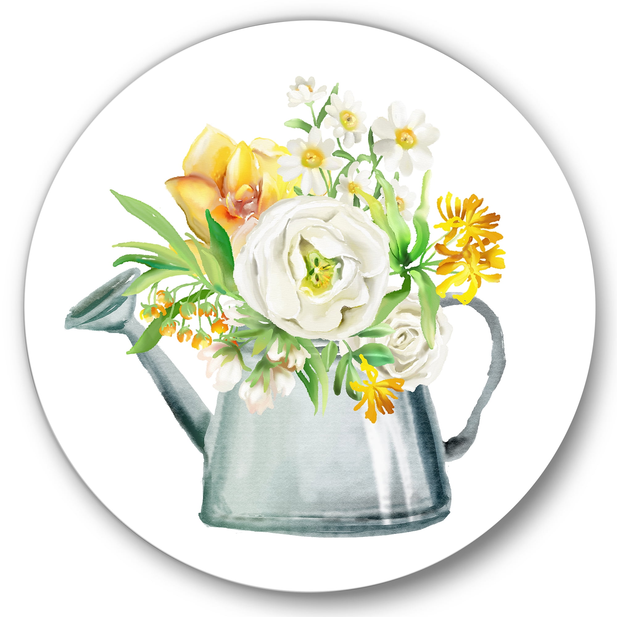 Designart 'Marigolds Roses and Peonies In Garden Watering Can' Farmhouse Circle Metal Wall Art 11x11 - Disc of 11
