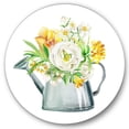 thumbnail image 1 of Designart 'Marigolds Roses and Peonies In Garden Watering Can' Farmhouse Circle Metal Wall Art 23x23 - Disc of 23, 1 of 5