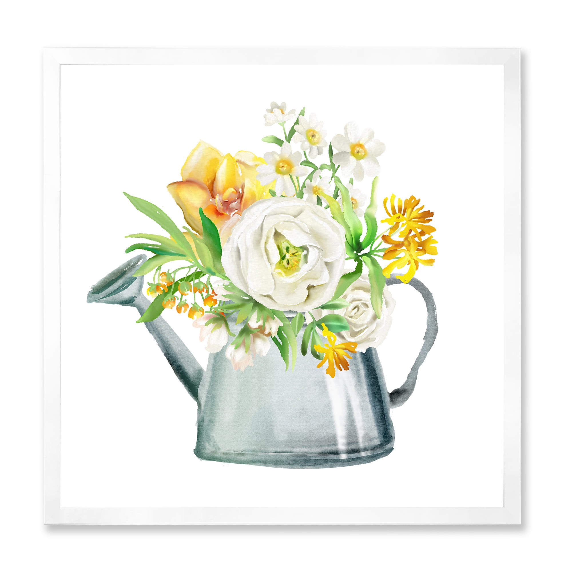 Designart 'Marigolds Roses and Peonies In Garden Watering Can' Farmhouse Framed Art Print