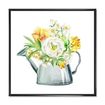 Designart 'Marigolds Roses and Peonies In Garden Watering Can' Farmhouse Framed Canvas Wall Art Print