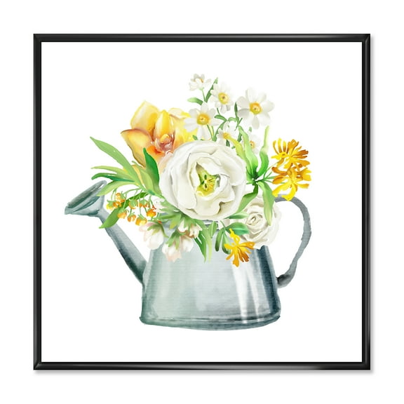 Designart 'Marigolds Roses and Peonies In Garden Watering Can' Farmhouse Framed Canvas Wall Art Print