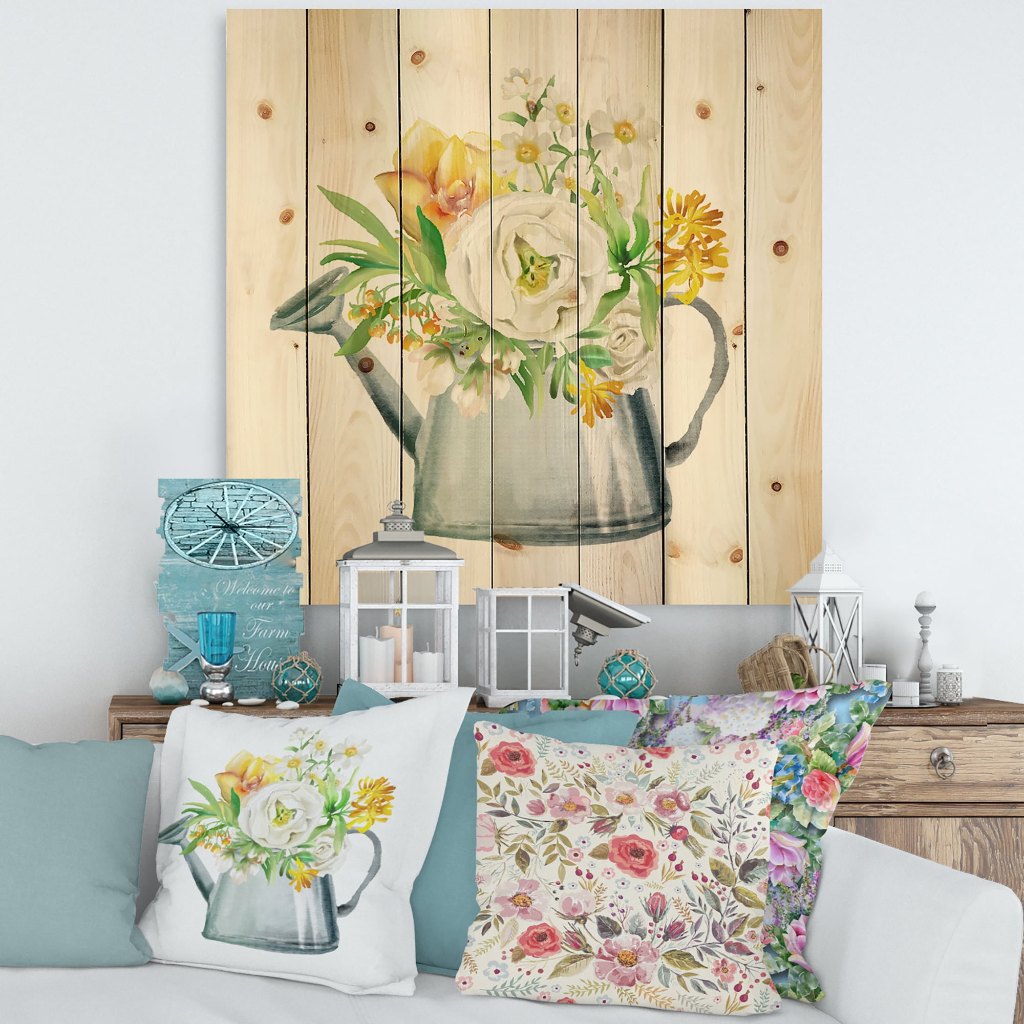 Designart 'Marigolds Roses and Peonies In Garden Watering Can' Farmhouse Print on Natural Pine Wood