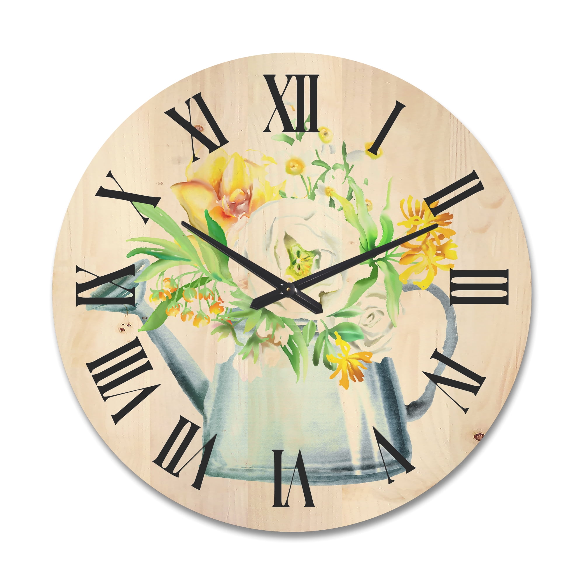 Designart 'Marigolds Roses and Peonies In Garden Watering Can' Farmhouse Wood Wall Clock