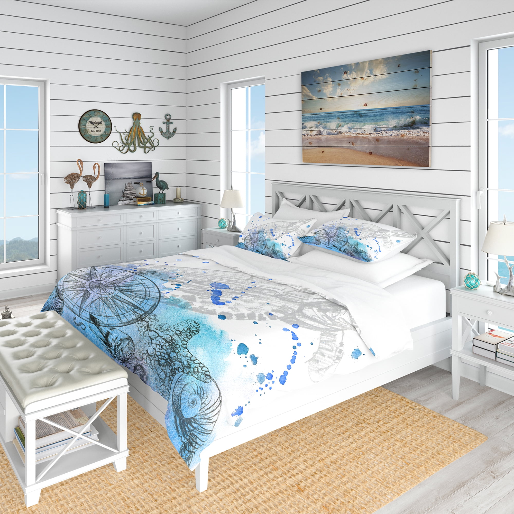 Designart 'Marine Creatures Illustration' Beach Duvet Cover Set