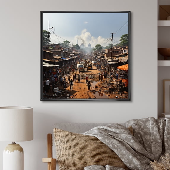 Designart "Market Day in Hausa" Cityscapes Framed Wall Art - Modern Blue Cityscape Entryway Framed Wall Art Print