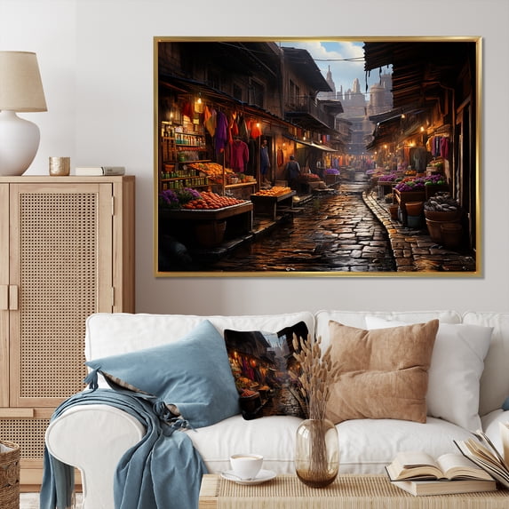 Designart "Market Of Mexican Art Brown and Orange" Mexican Floater Framed Canvas Art Print