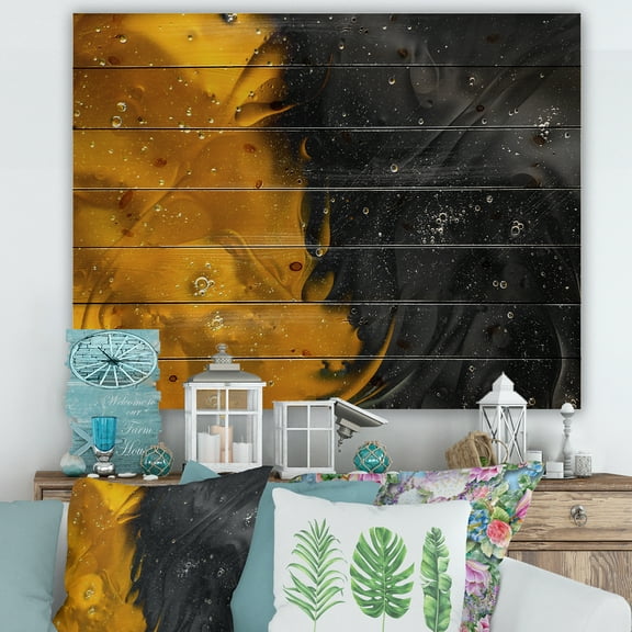 Designart 'Marriage of Black and Yellow' Modern Print on Natural Pine Wood