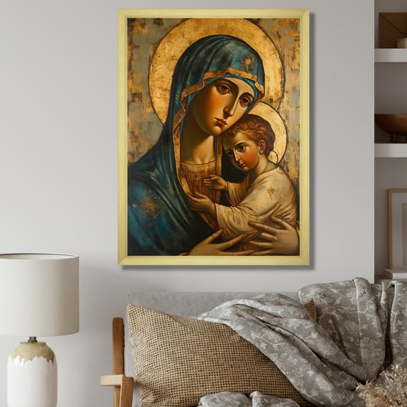 Designart "Mary And Child In Deep Yellow Style" Boho Pottery Picture Framed Canvas Prints