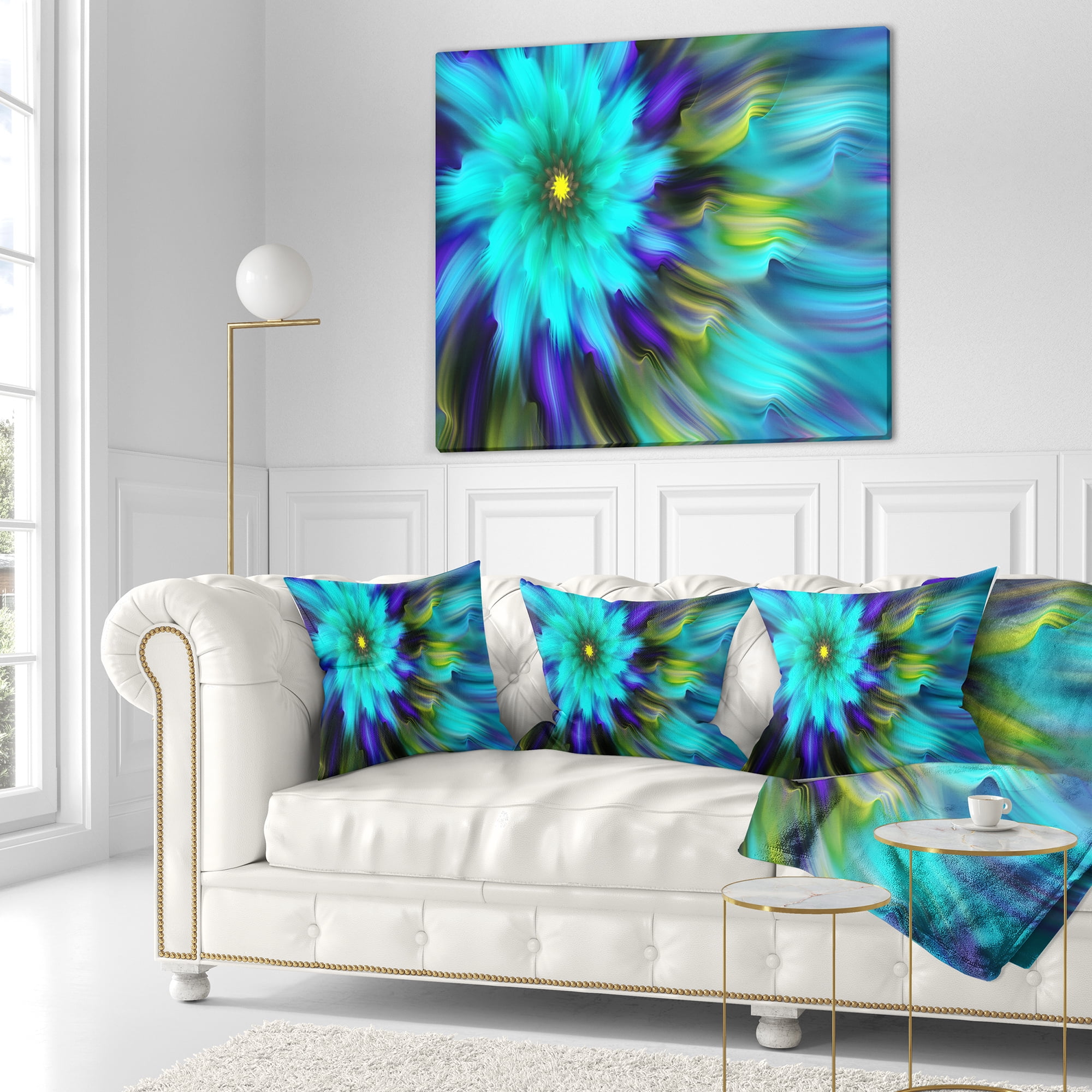 Designart Massive Blue Green Fractal Flower - Floral Throw Pillow - 18x18