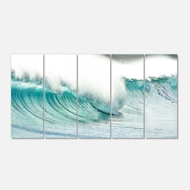 Designart 'Massive Blue Waves Breaking Beach ' Multipanel Seashore Metal Wall Art