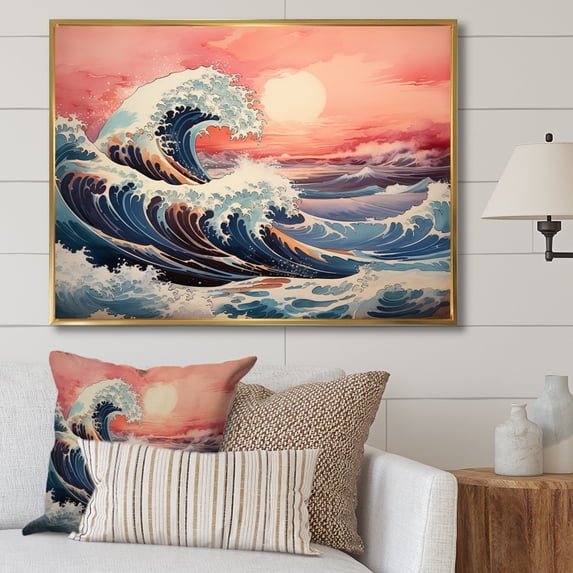Designart "Masterpiece Pink Great Wave of Kanagawa I" Nautical & Beach Floater Framed Wall Decor
