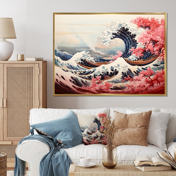 Designart "Masterpiece Pink Great Wave of Kanagawa II" Nautical & Beach Floater Framed Canvas Art Print