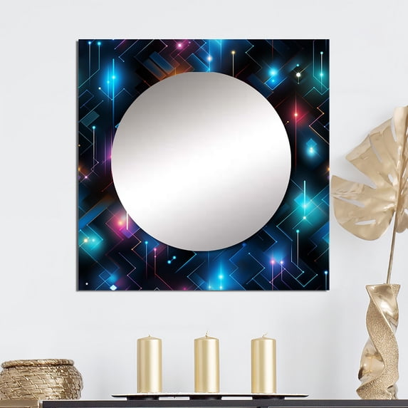 Designart "Matrix of Cubes in Purple and Blue II" 0 Multicolor Large Square Mirror - Square Bedroom Mirror Printed Wall Decor - Modern Square Printed Wall Mirror Art