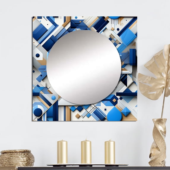 Designart "Matrix Design In Blue And White" 0 Blue Large Square Mirror - Square Bedroom Mirror Printed Wall Decor - Modern Square Printed Wall Mirror Art