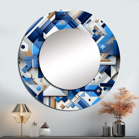 Designart "Matrix Design In Blue And White" Geometric Round Mirror Wall Decor Modern - Large Blue Round Bathroom Mirror - Round Mirror - 36" x 36"