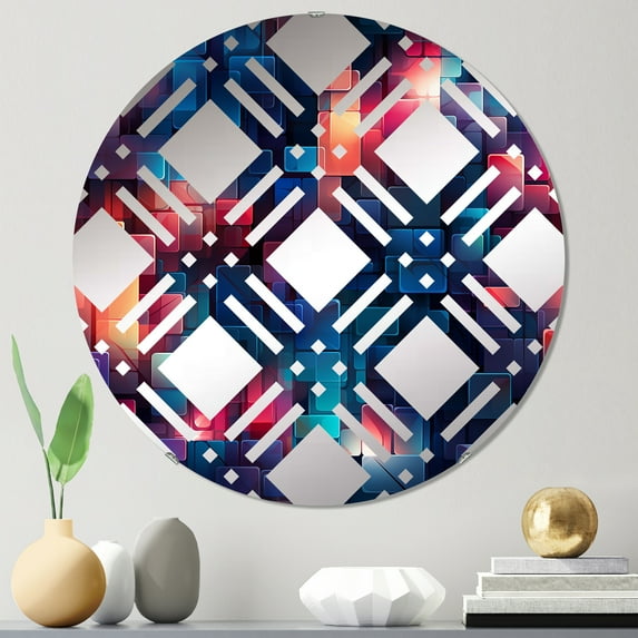 Designart "Matrix of Cubes in Purple and Blue I" Geometric Plaid Round Wall Mirror - Oval Printed Decorative Mirror - Multiple Color Options
