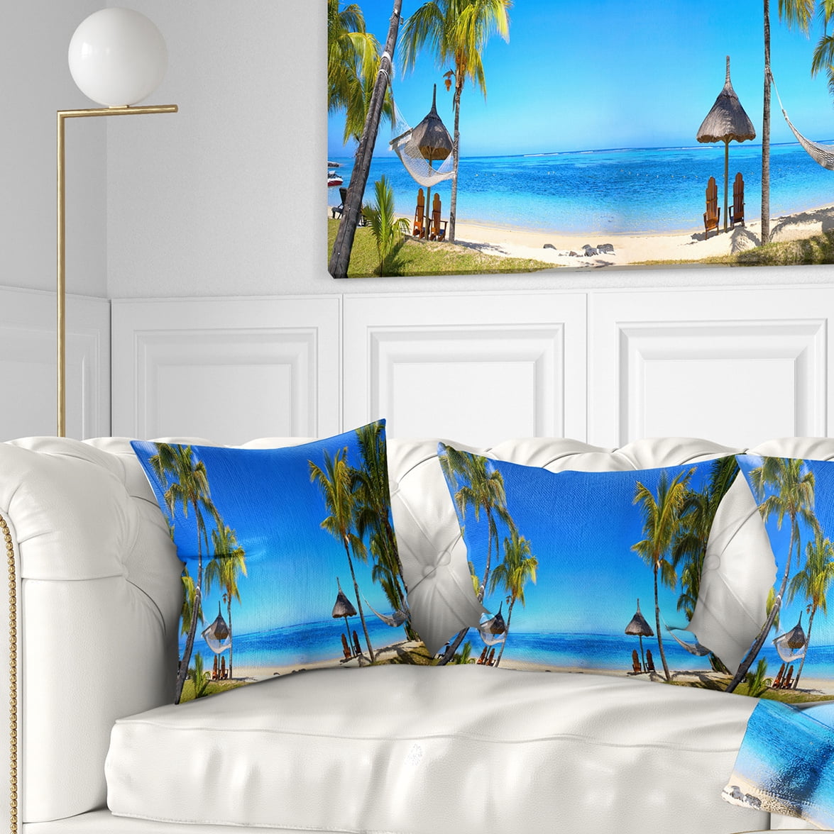 Designart Mauritius Beach with Chairs - Seashore Photo Throw Pillow - 16x16