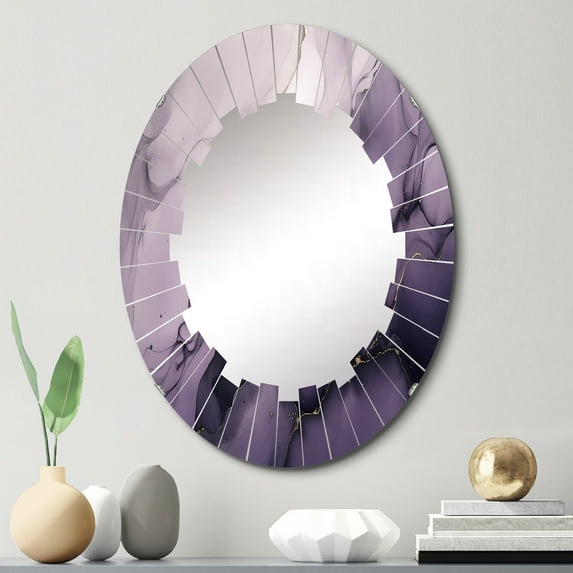 Designart "Mauve and Silvery Ink Waves XI" Fractals Round Wall Mirror - Modern Oval Printed Decorative Oversized Mirror - Multiple Color Options