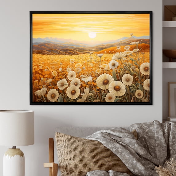 Designart "Meadow Awash In Golden Radiance II" Flower Floater Framed Canvas Prints